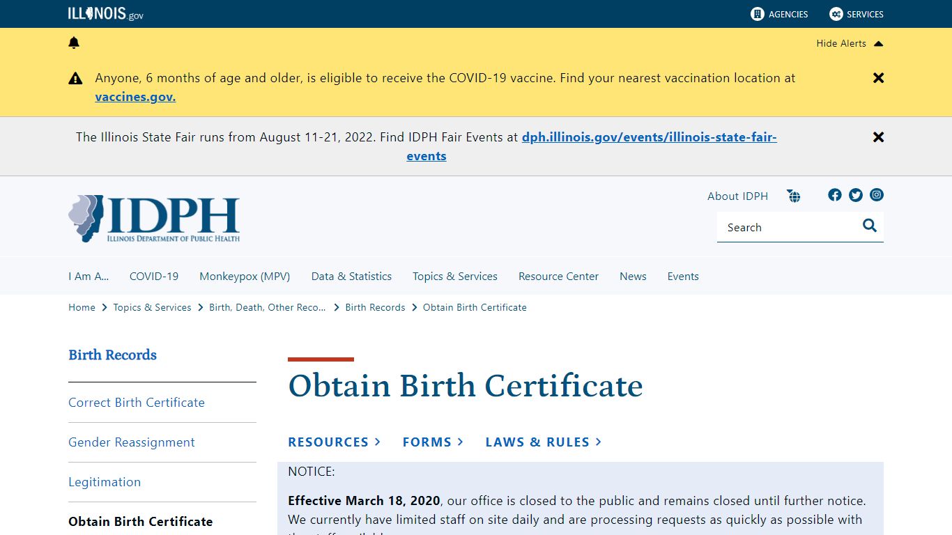 Obtain Birth Certificate - Illinois